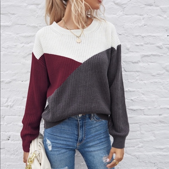 Pink gray color block knit sweater top - Picture 6 of 7